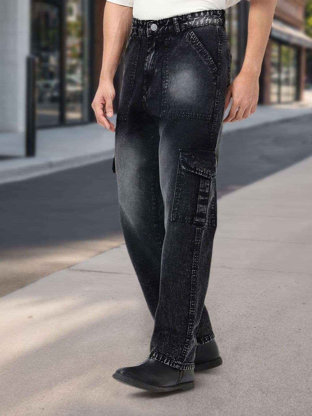 Urbano Fashion Men Cotton Black Loose Fit Cargo Jeans With 6 Pockets Non-Stretchable - view 1
