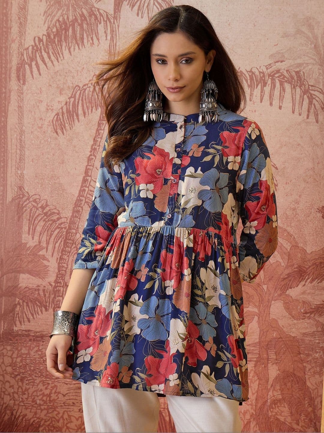 Sangria Floral Foil Printed A-Line Kurti - view 1