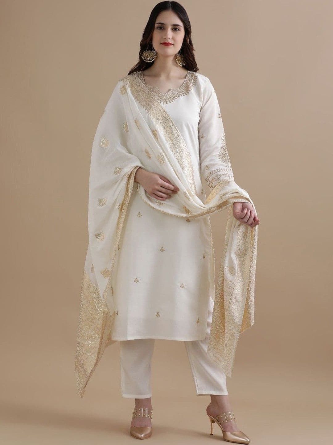 HAMSIKA Women Ethnic Motifs Embroidered Regular Thread Work Kurta with Trousers & With Dupatta - view 1