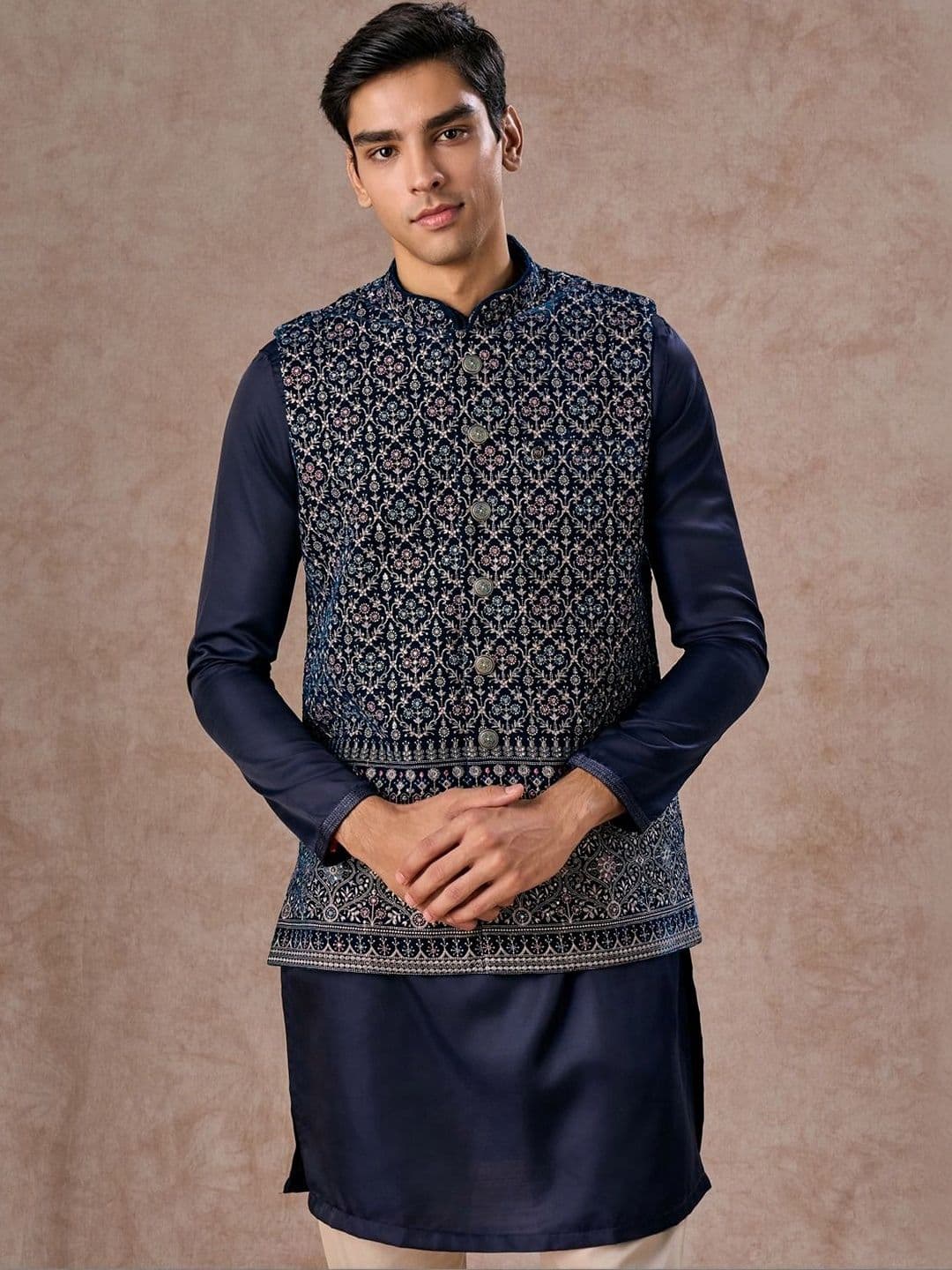 Manyavar Embroidered Velvet Nehru Jacket - view 1
