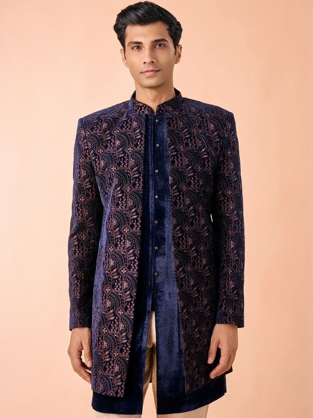 Manyavar Embroidered Mandarin Collared Shervani Set