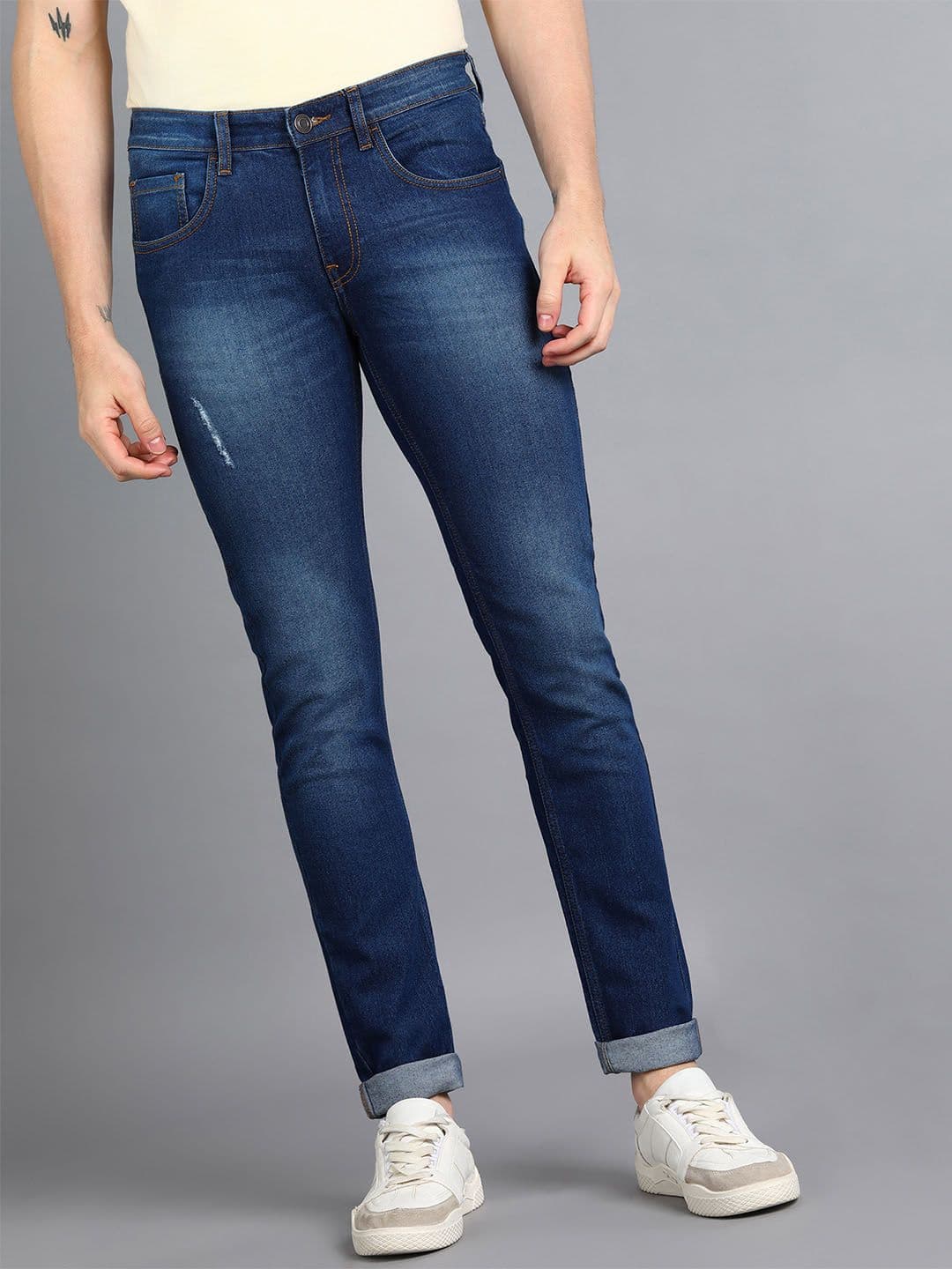 Urbano Fashion Men Washed Navy Blue Slim Fit Low Distress Light Fade Stretchable Cotton Jeans - view 1