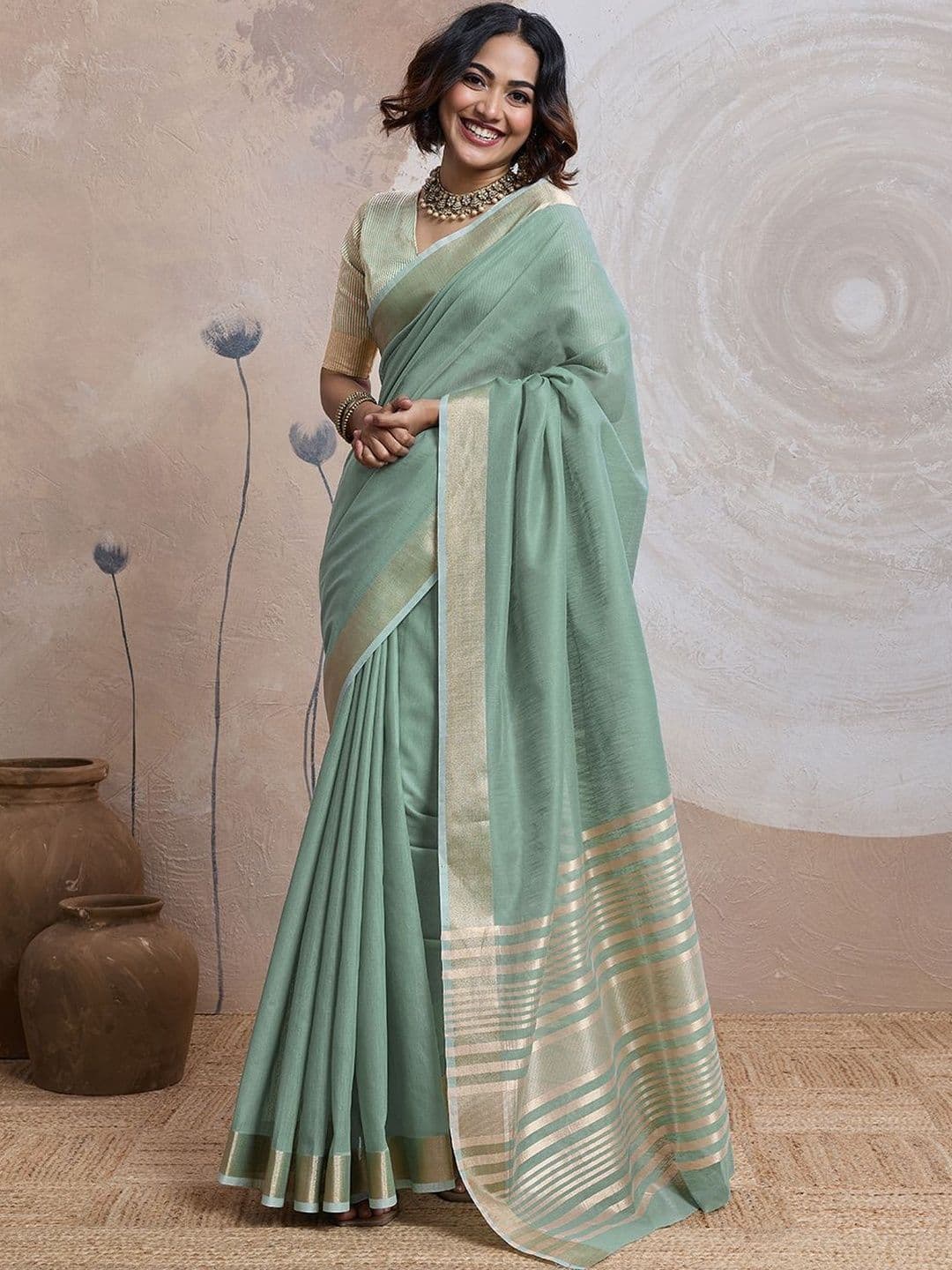 BFM Striped Zari Linen Blend Saree - view 1