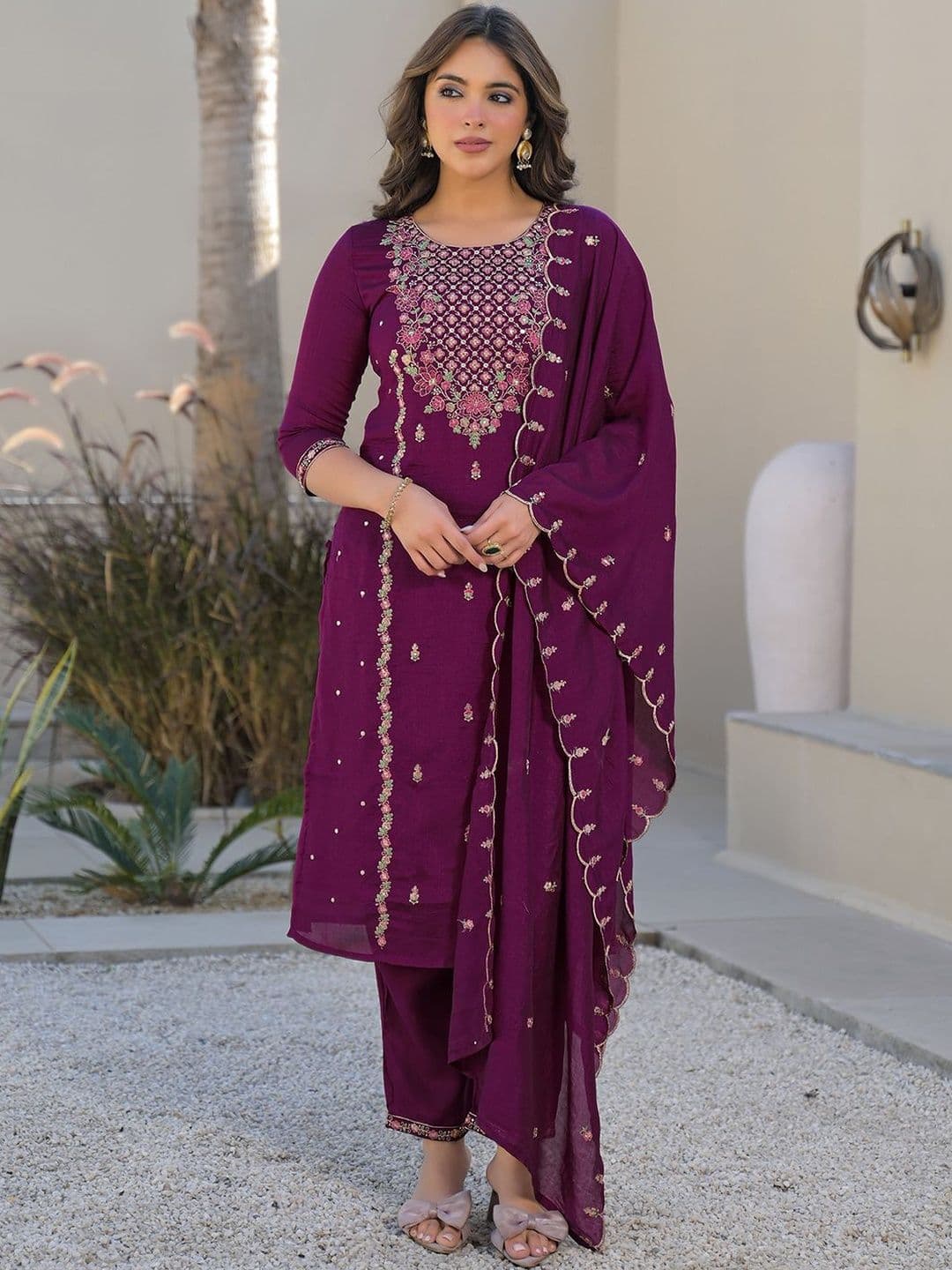 SKYLEE Women Ethnic Motifs Embroidered Regular Thread Work Kurta with Trousers & With Dupatta - view 1