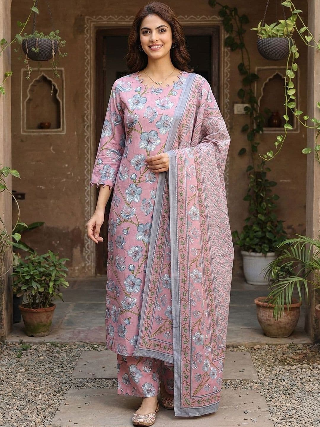 Anouk Women Floral Printed Regular Pure Cotton Kurta with Palazzos & With Dupatta - view 1