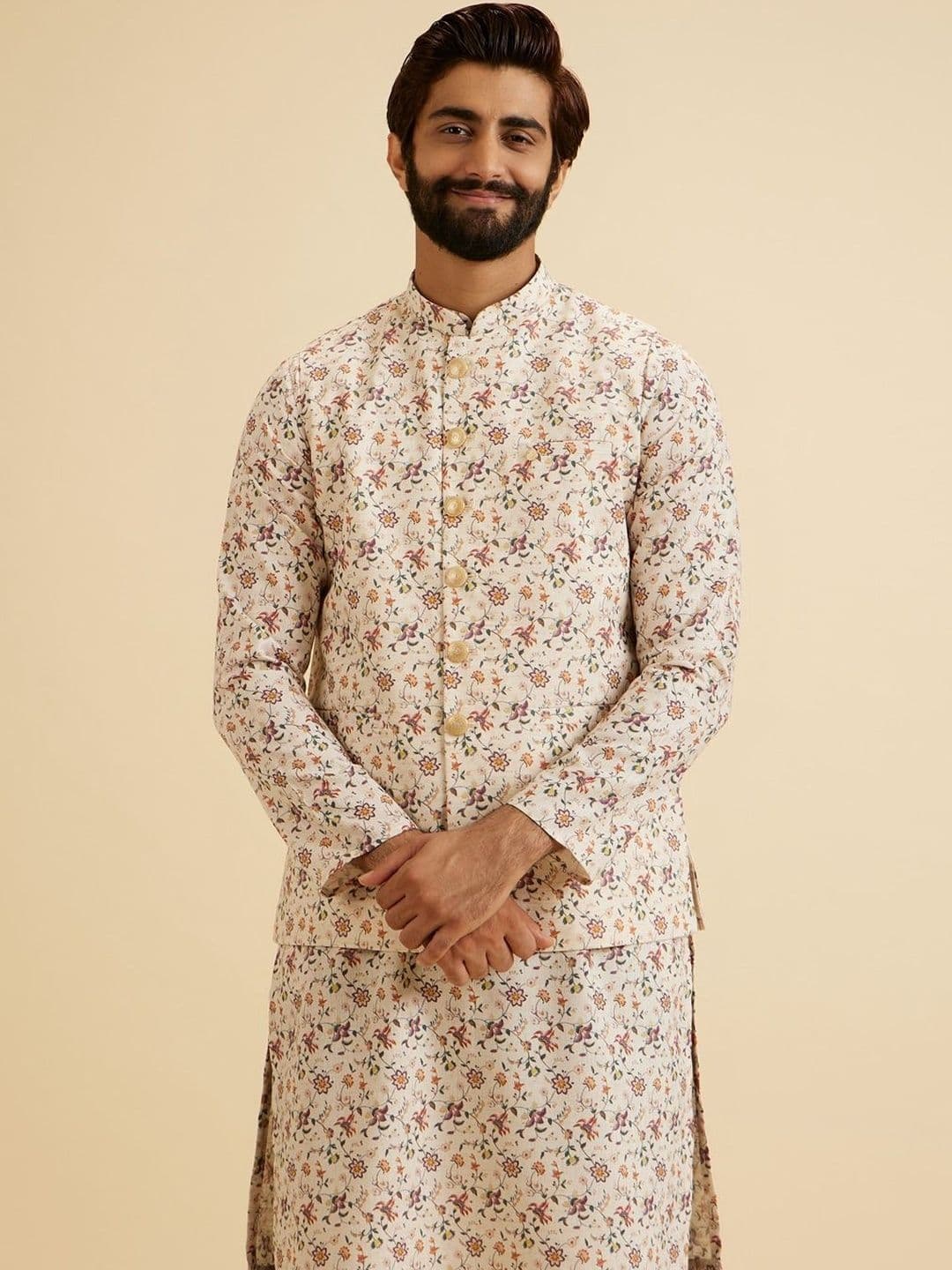 Manyavar Printed Mandarin Collar Nehru Jacket - view 1