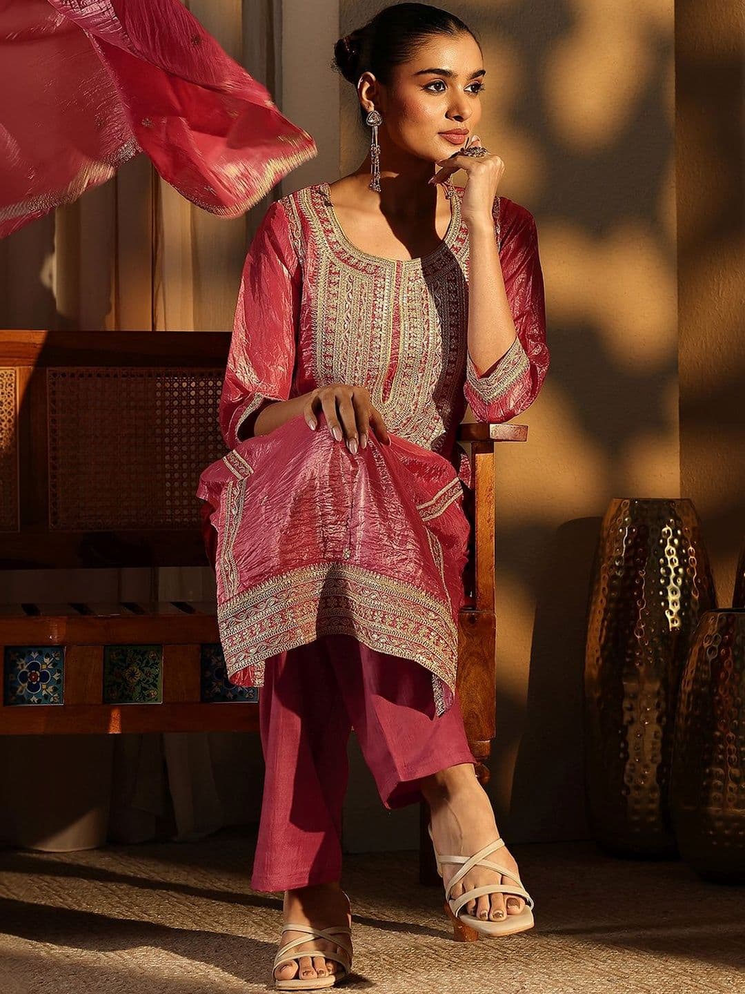 Libas Women Ethnic Motifs Embroidered Regular Thread Work Kurta with Trousers & With Dupatta - view 1