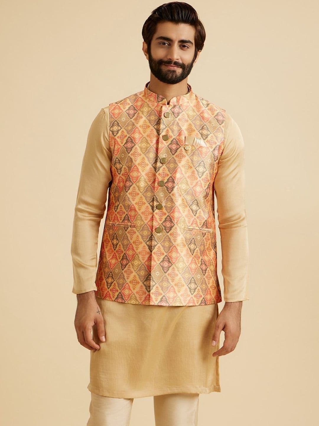 Manyavar Printed Mandarin Collar Nehru Jackets - view 1
