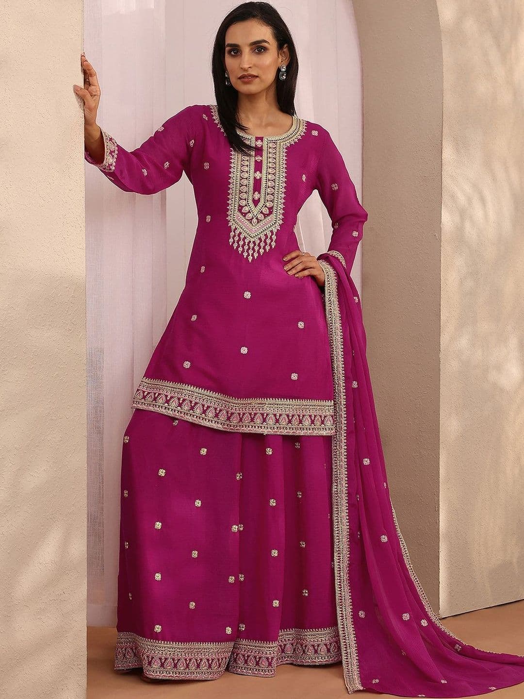 Libas Women Ethnic Motifs Embroidered Regular Thread Work Kurta with Sharara & With Dupatta - view 1
