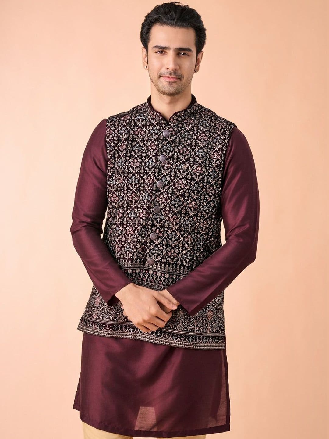 Manyavar Embroidered Velvet Mandarin Collar Nehru Jacket - view 1