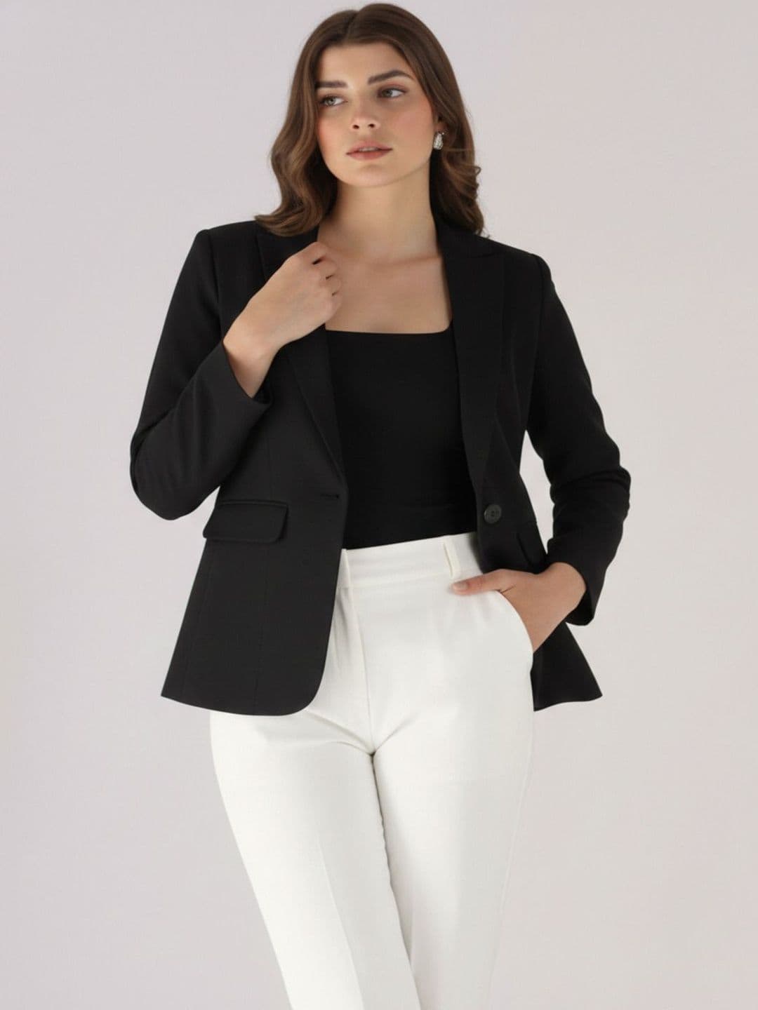 THE FASHION HUB Cotton Notched Lapel Long Sleeves Single-Breasted Blazers - view 1
