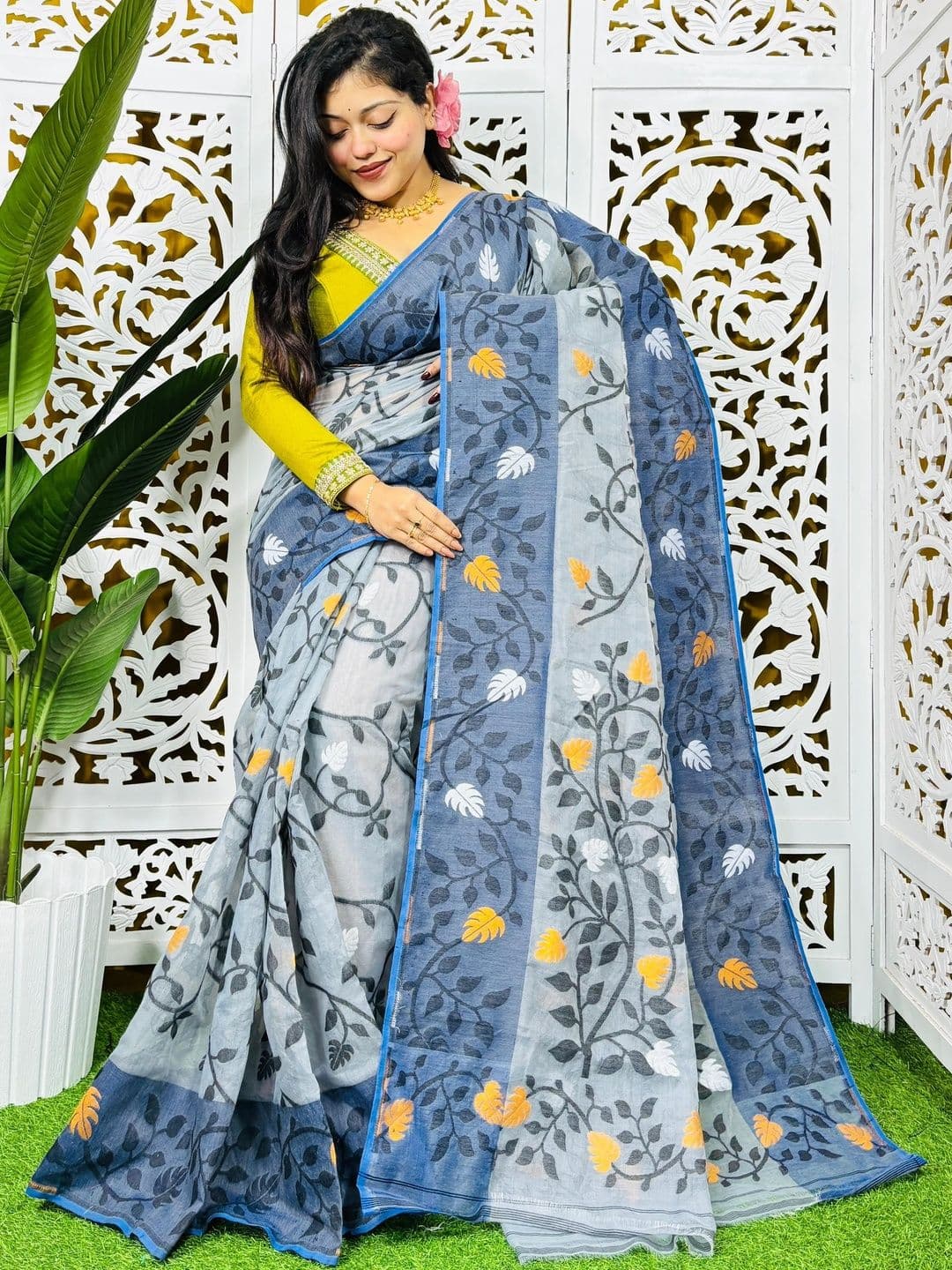 Rnn Saree Floral Embroidered Silk Cotton Handloom Jamdani Sarees - view 1