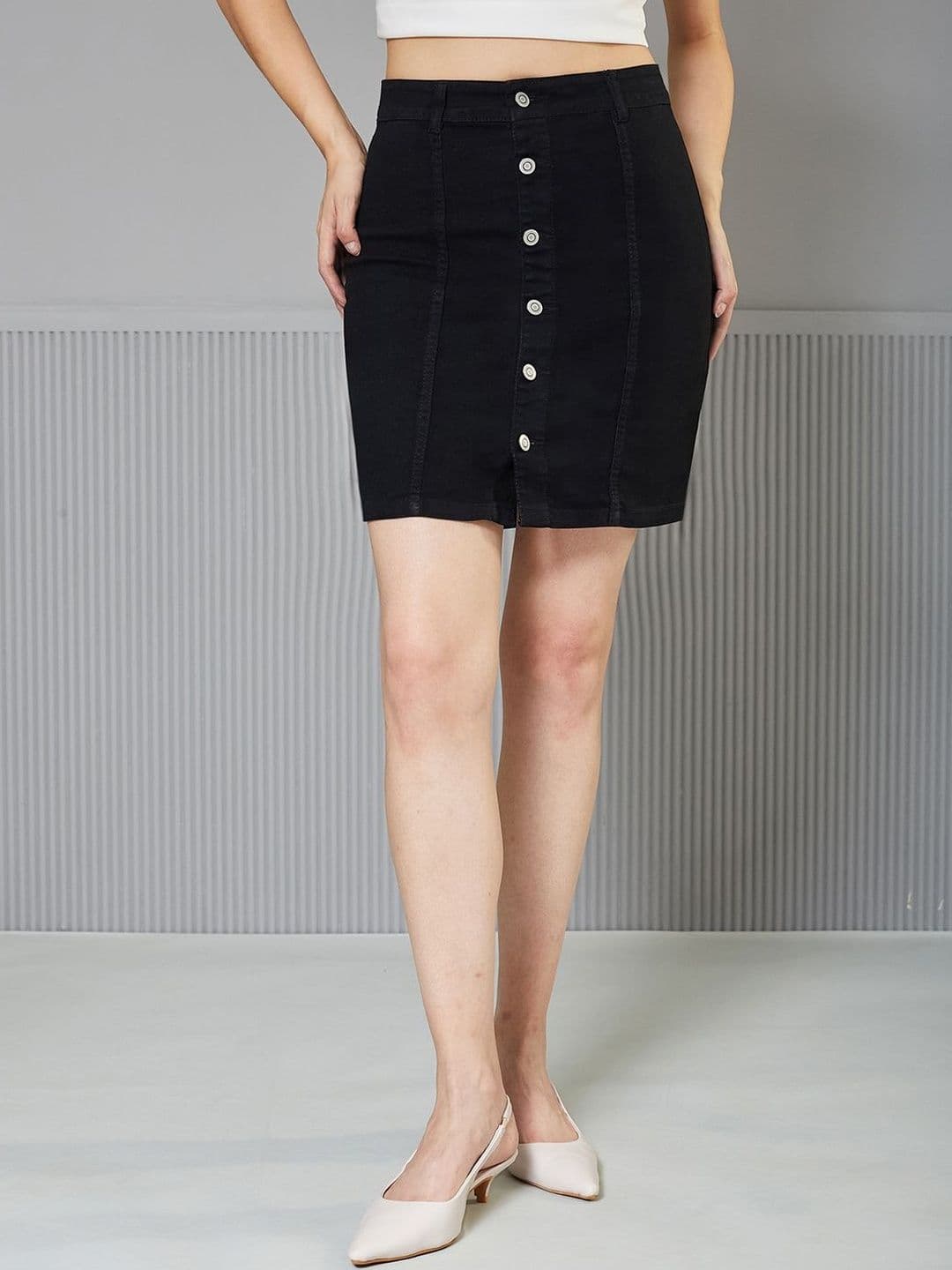 Miss Chase Women's Black Stretchable Solid A-line Mini Denim Skirt - view 1