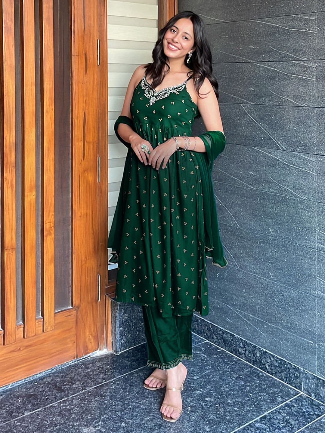 Janasya Women's Dark Green Rayon Yoke Embroidered Gold Printed A-line Kurta Set - view 1