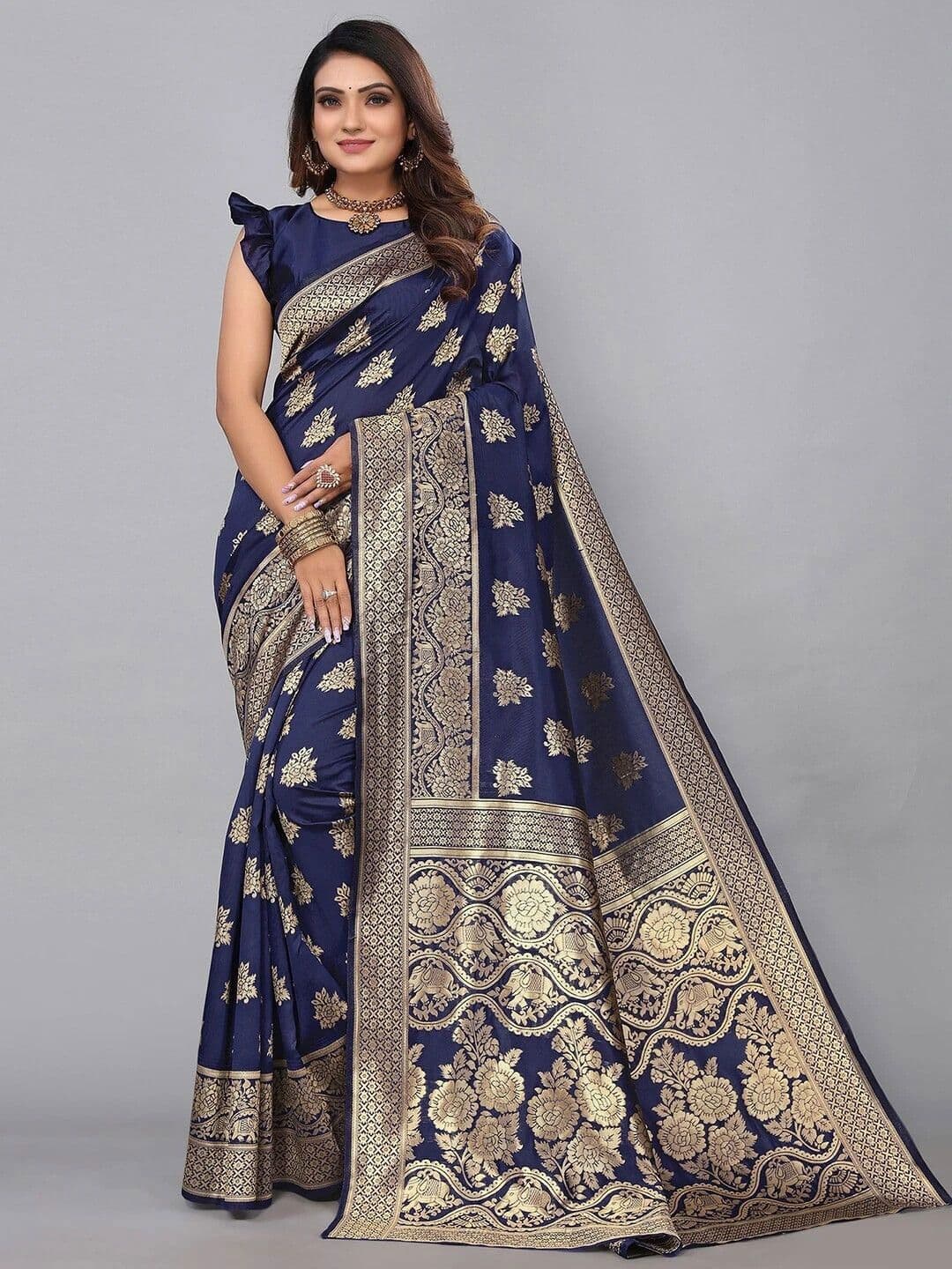 R K Group Floral Zari Art Silk Heavy Work Saree - view 1