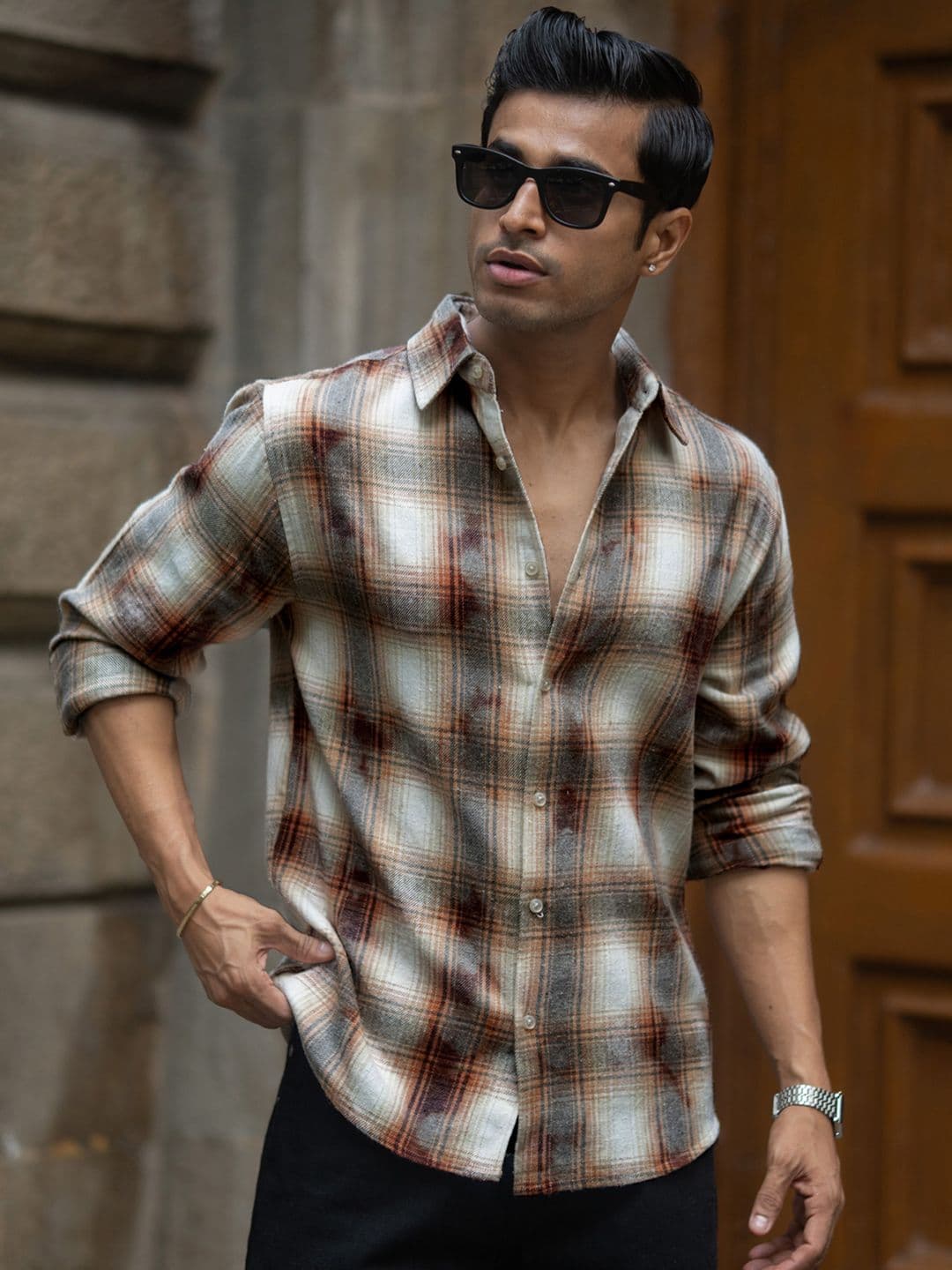 Powerlook Beige Washed Checks Shirt - view 1