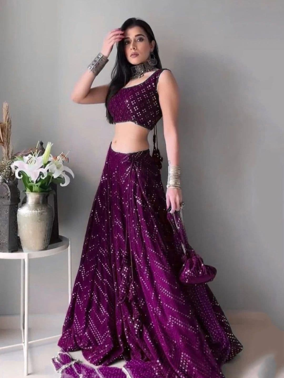 REELOVE FACTORY Embellished Sequinned Ready to Wear Lehenga & Unstitched Blouse With Dupatta - view 1
