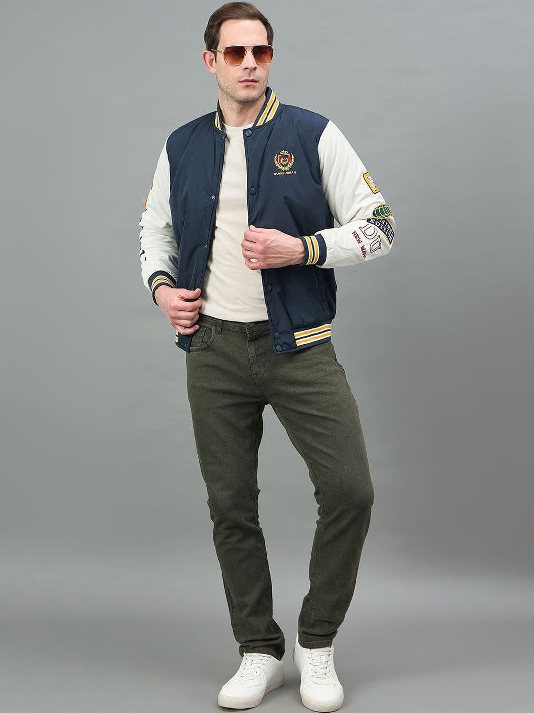 Duke Men Brand Logo Colourblocked Varsity Jacket with Embroidered