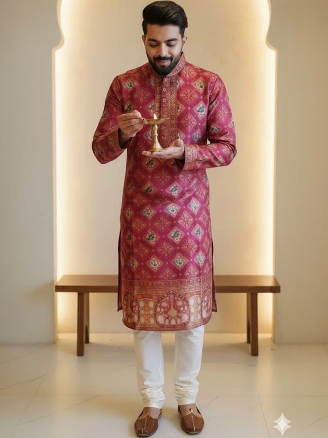 House of Pataudi Printed Mandarin Collar Knee Length Straight Kurta - view 1