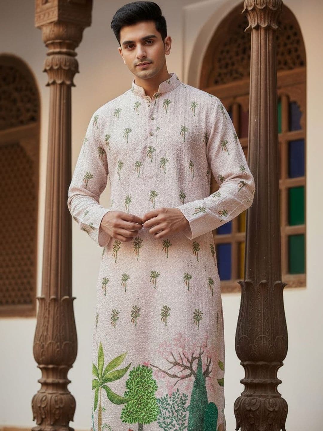 House of Pataudi Embroidered Cotton Mandarin Collar Knee Length Straight Kurta - view 1