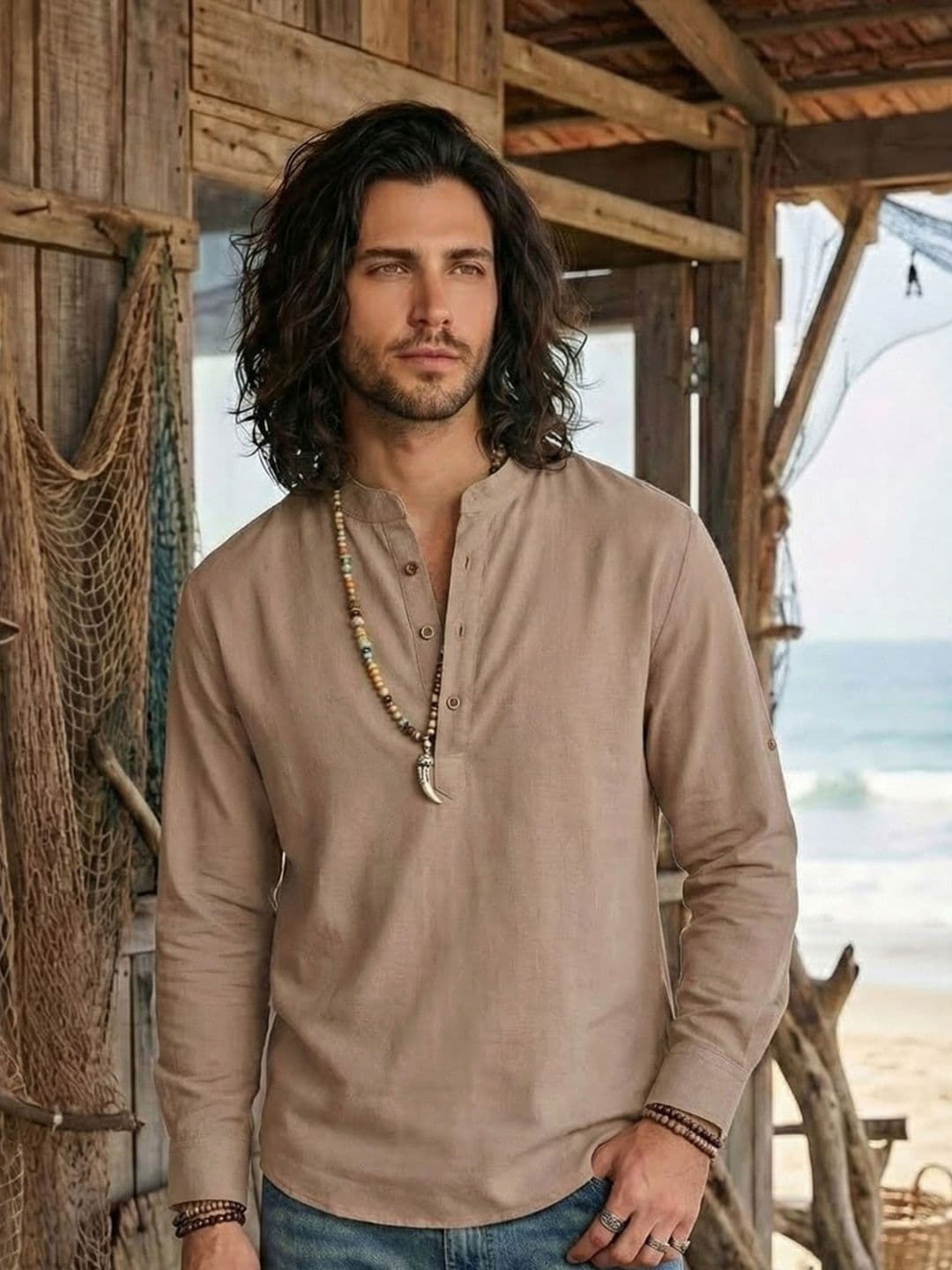 Boholyfe Alder Sandstone Organic Cotton Long Sleeves Relaxed Fit Shirt - view 1