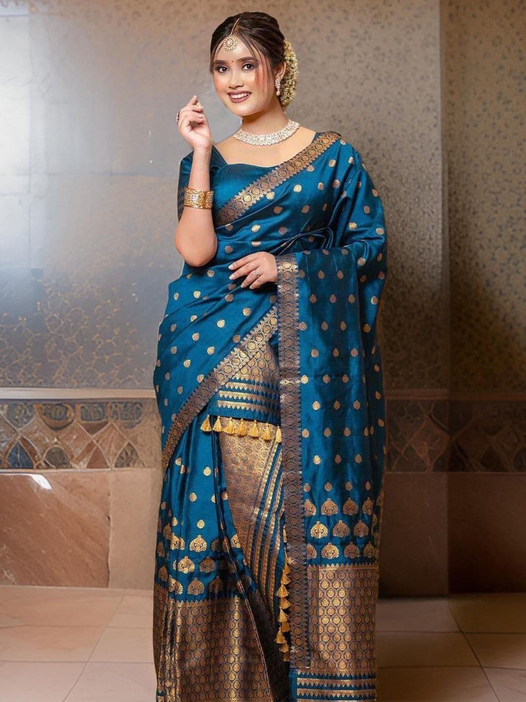 GRUJHA Woven Design Assamese Mekhela Chador with Copper Work - view 1