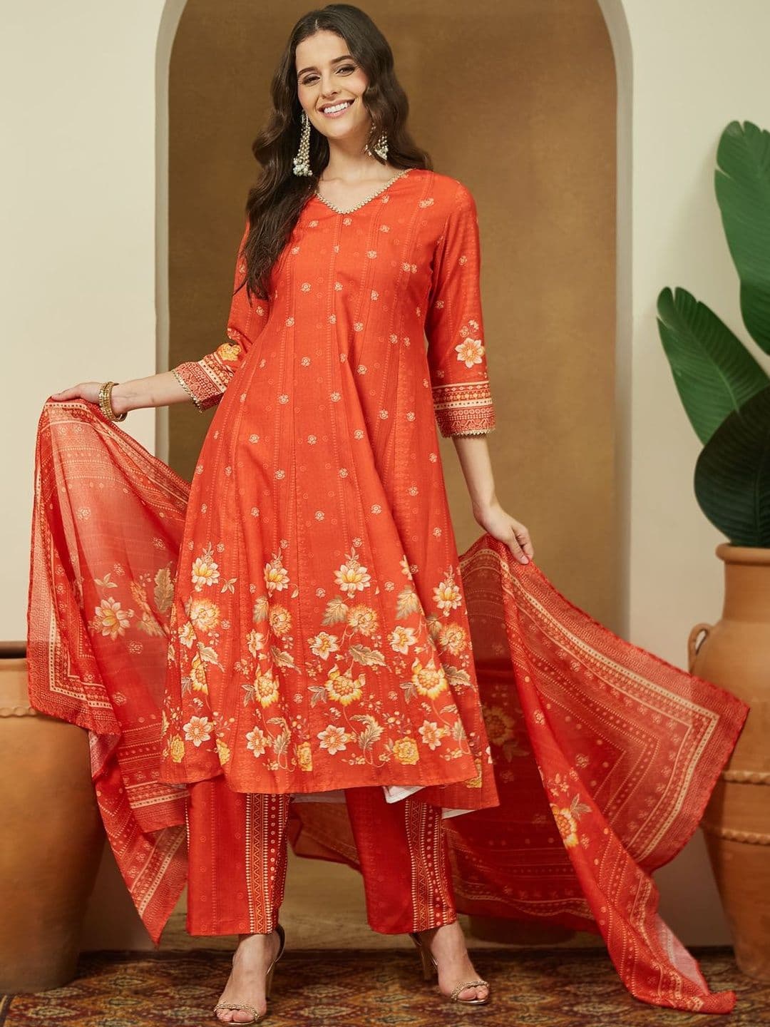Janasya Gotta Patti Anarkali Floral Printed Panelled Kurta Trouser Set With Dupatta - view 1