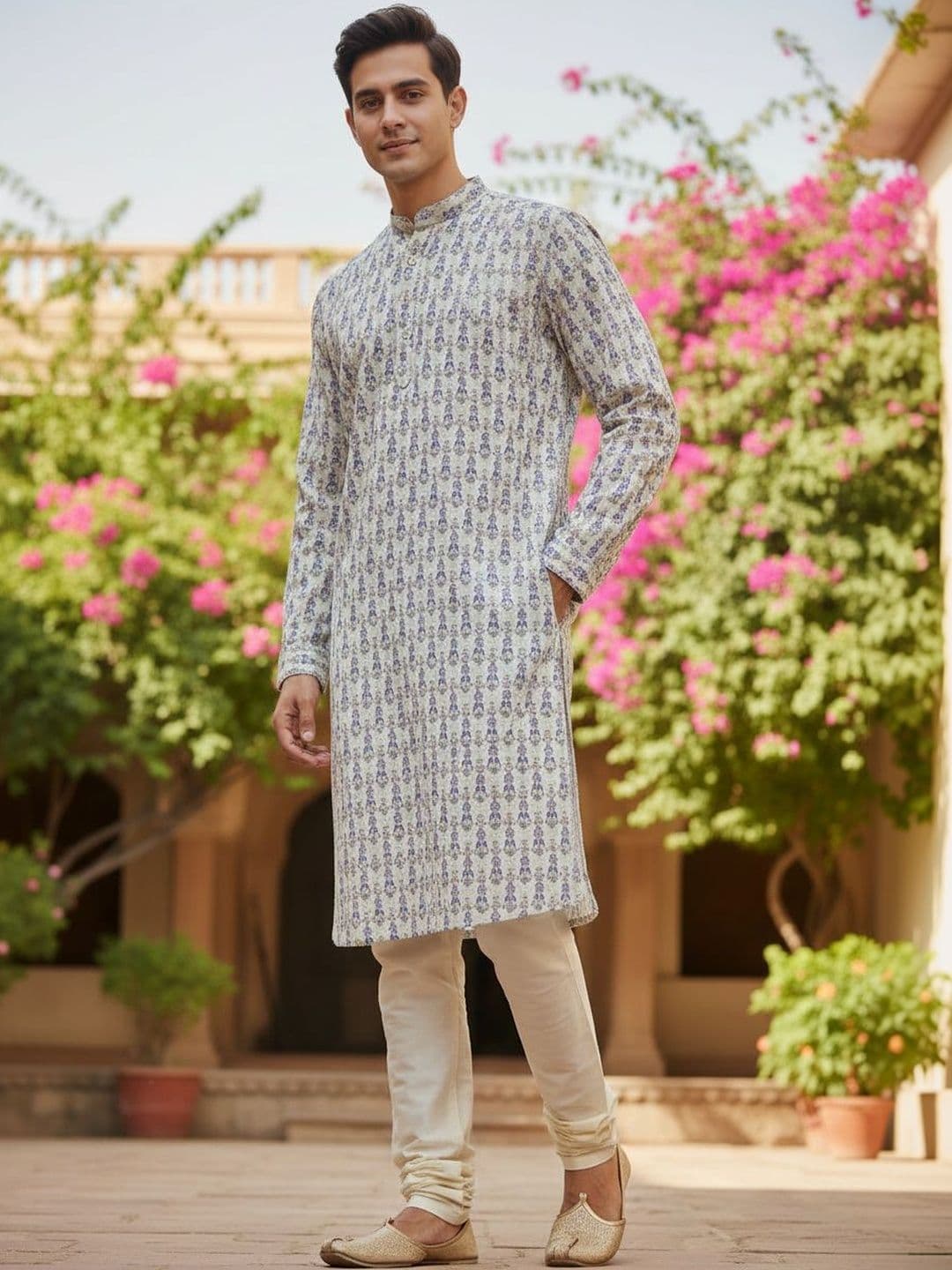 House of Pataudi Embroidered Cotton Mandarin Collar Knee Length Straight Kurta - view 1