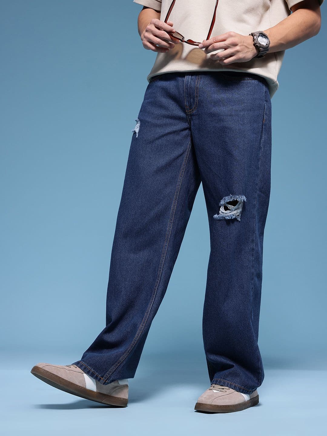 HERE&NOW Men Baggy Fit Low Distress Pure Cotton Jeans - view 1