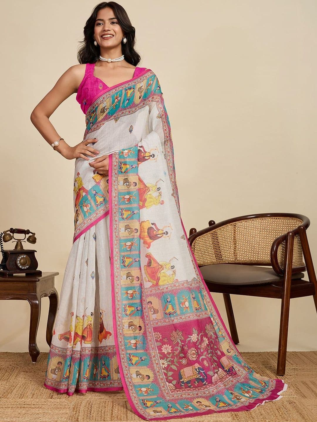 House of Pataudi Printed Saree With Unstitched Blouse - view 1