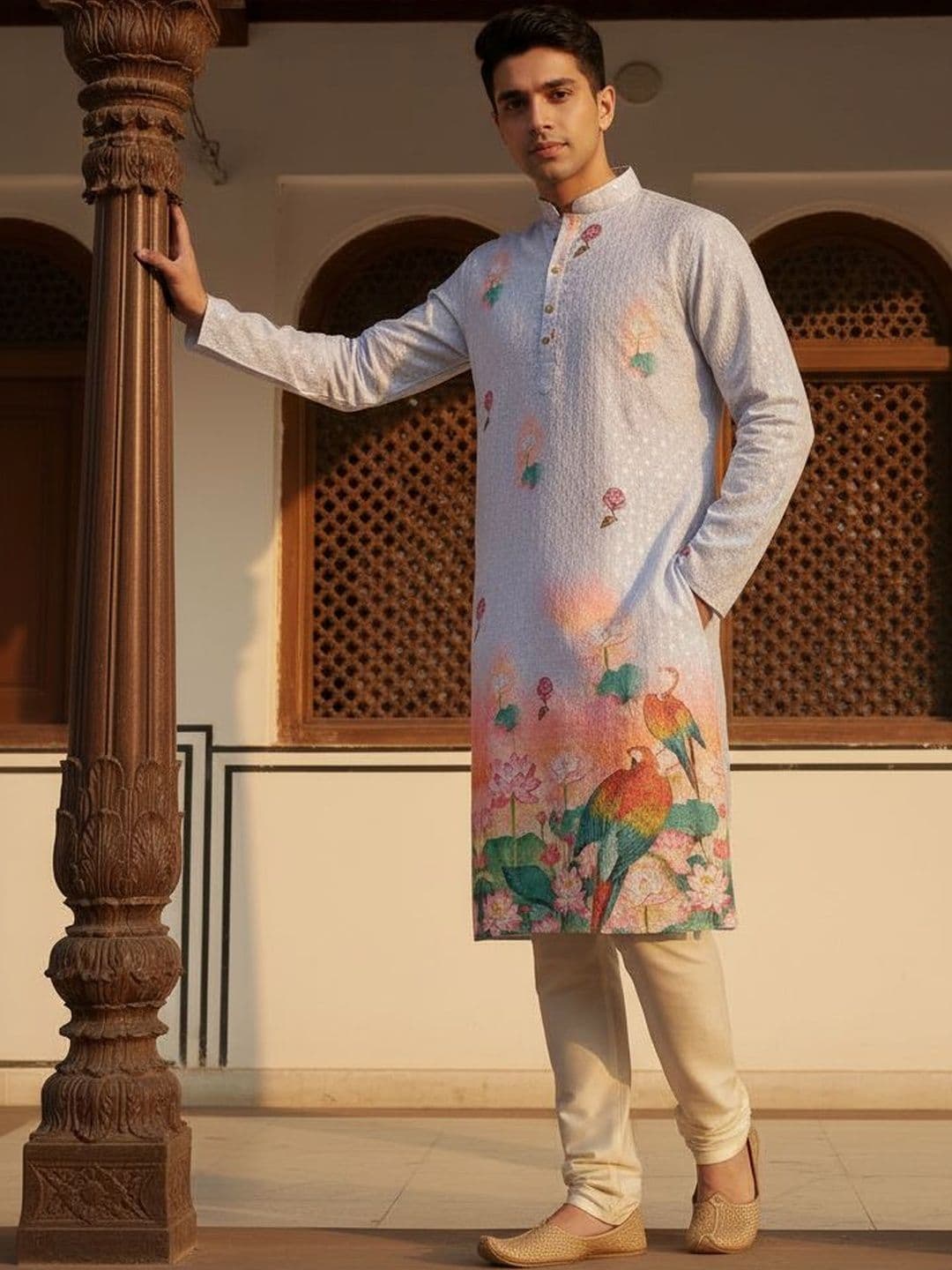 House of Pataudi Embroidered Cotton Mandarin Collar Knee Length Straight Kurta - view 1