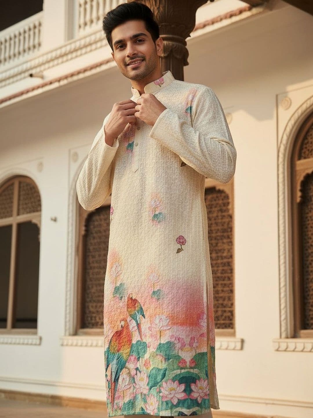 House of Pataudi Embroidered Cotton Mandarin Collar Knee Length Straight Kurta - view 1