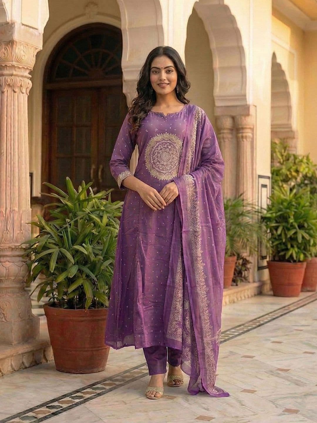 Moda Rapido Printed Regular Chanderi Cotton Kurta with Trousers & With Dupatta - view 1