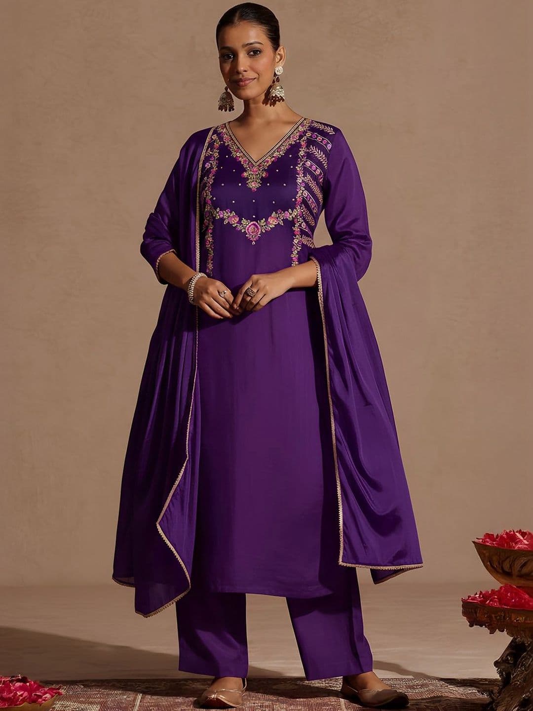 Janasya Sequinned Embroidered Floral Straight Kurta Palazzo Set With Dupatta - view 1