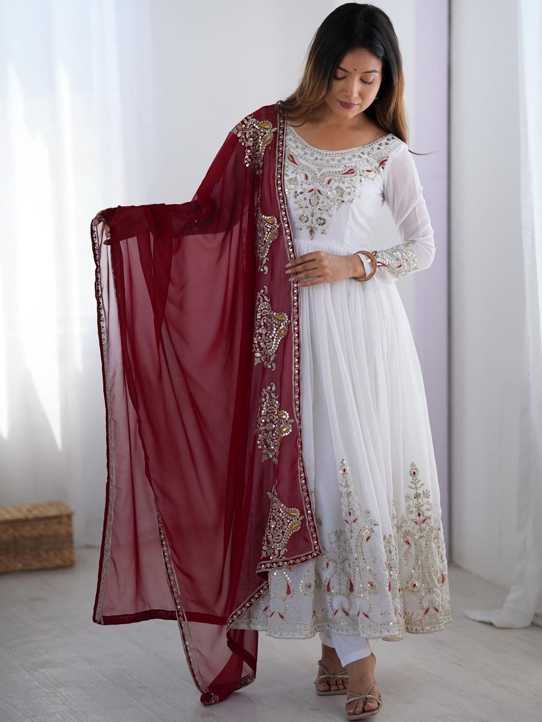 KALINI Women Ethnic Motifs Embroidered Panelled Sequinned Silk Georgette Kurta with Churidar & With Dupatta - view 1
