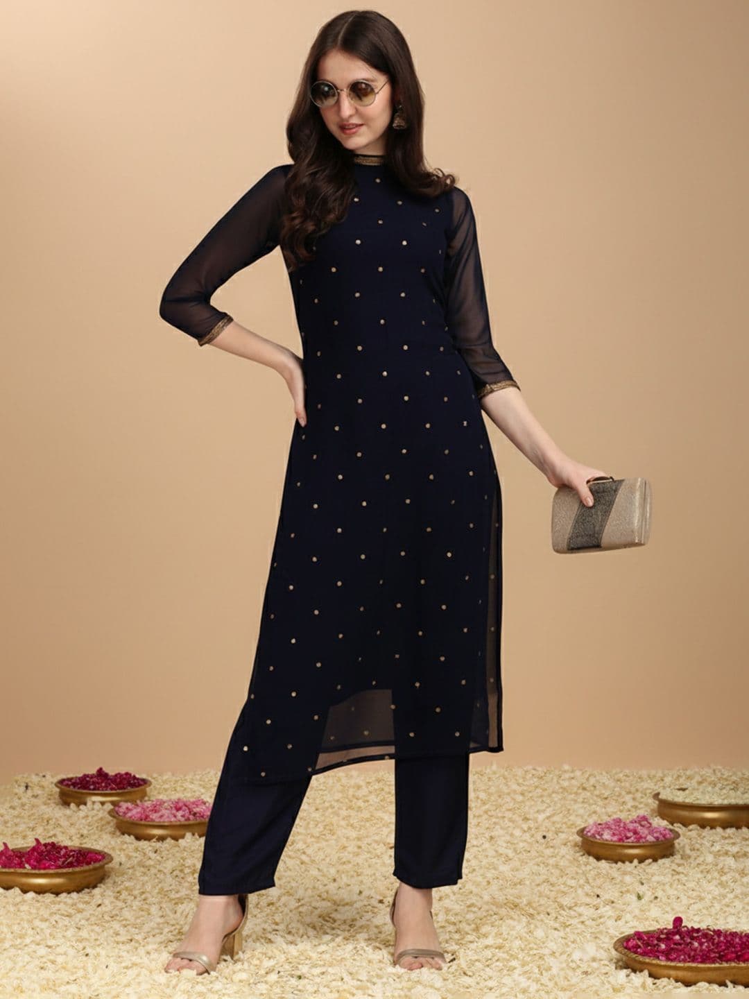 KALINI Sequin Embellished Straight Kurta with Trousers - view 1