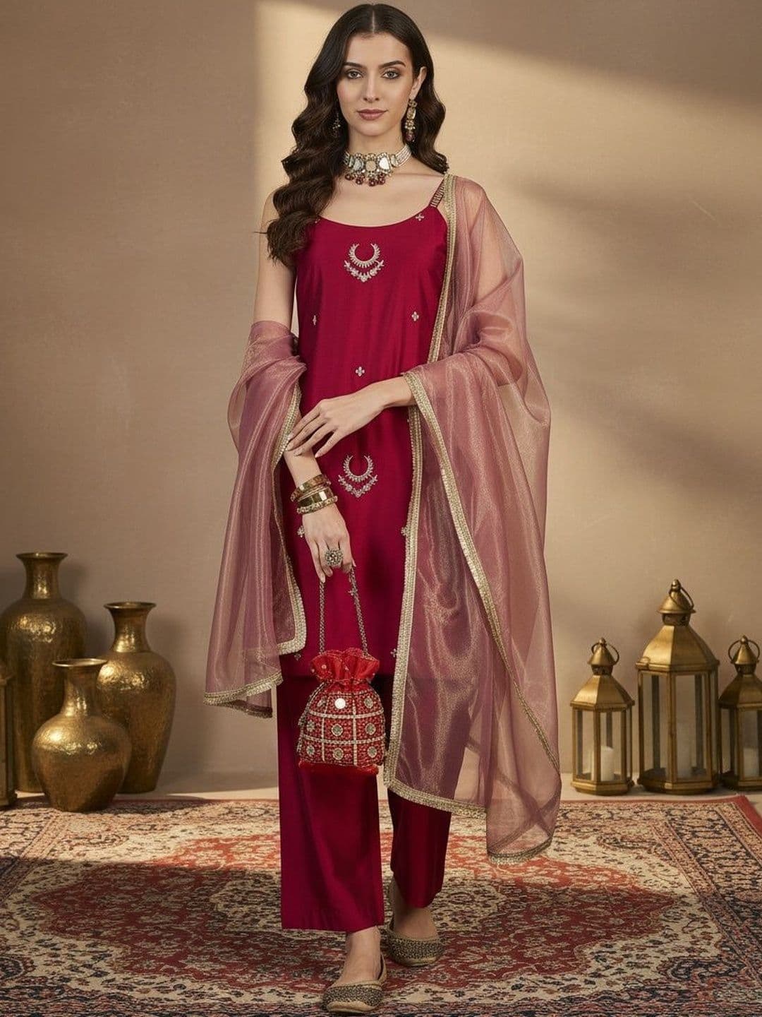 HERE&NOW Women Ethnic Motifs Embroidered Regular Thread Work Kurta with Trousers & With Dupatta - view 1