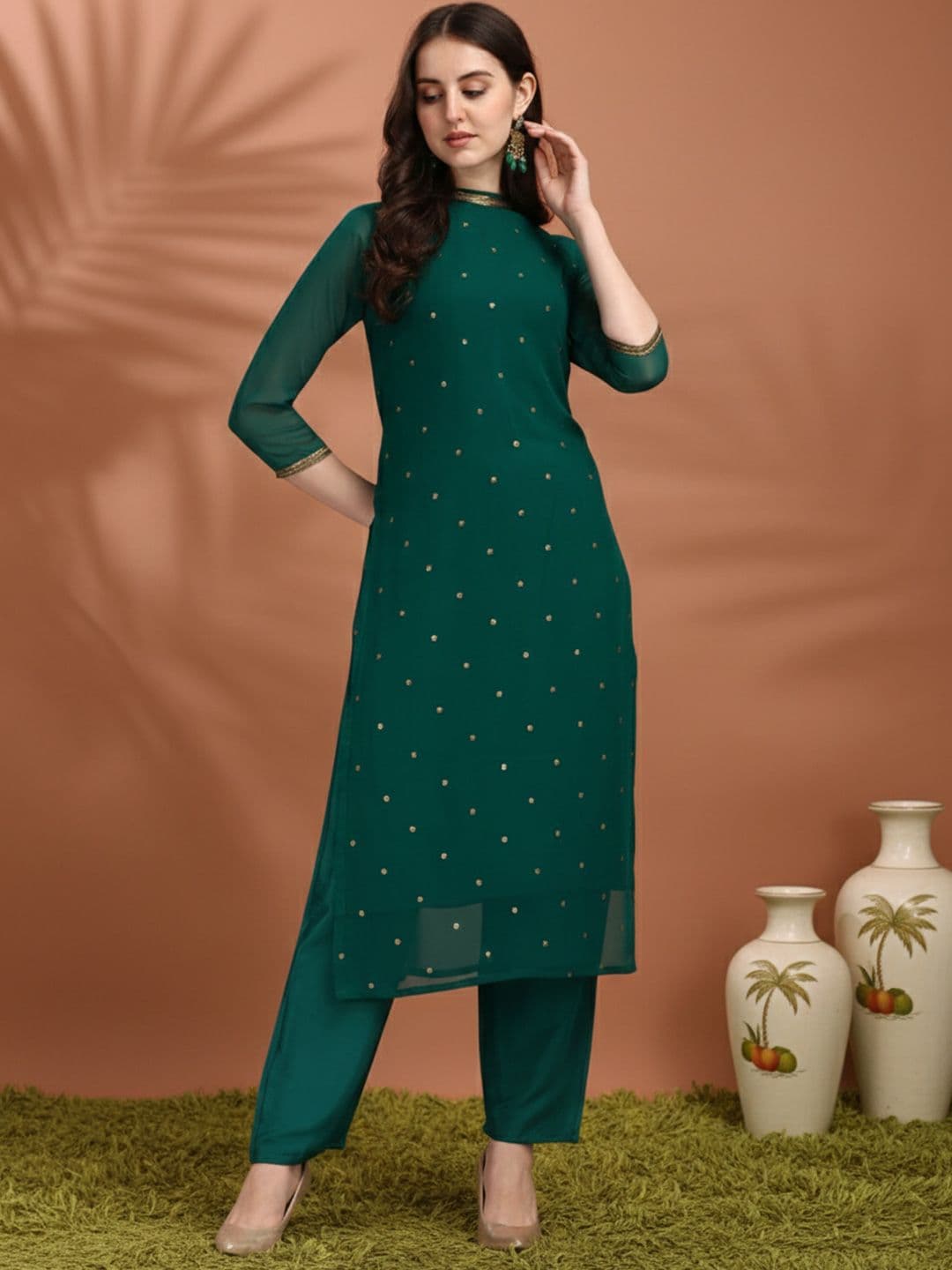 KALINI Floral Embroidered Sequinned Straight Republic Day Kurta With Trousers - view 1