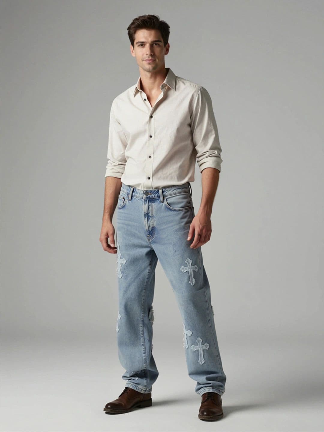 ANDREW HILL Men Baggy Mid-Rise Distressed Light Fade Jeans - view 1