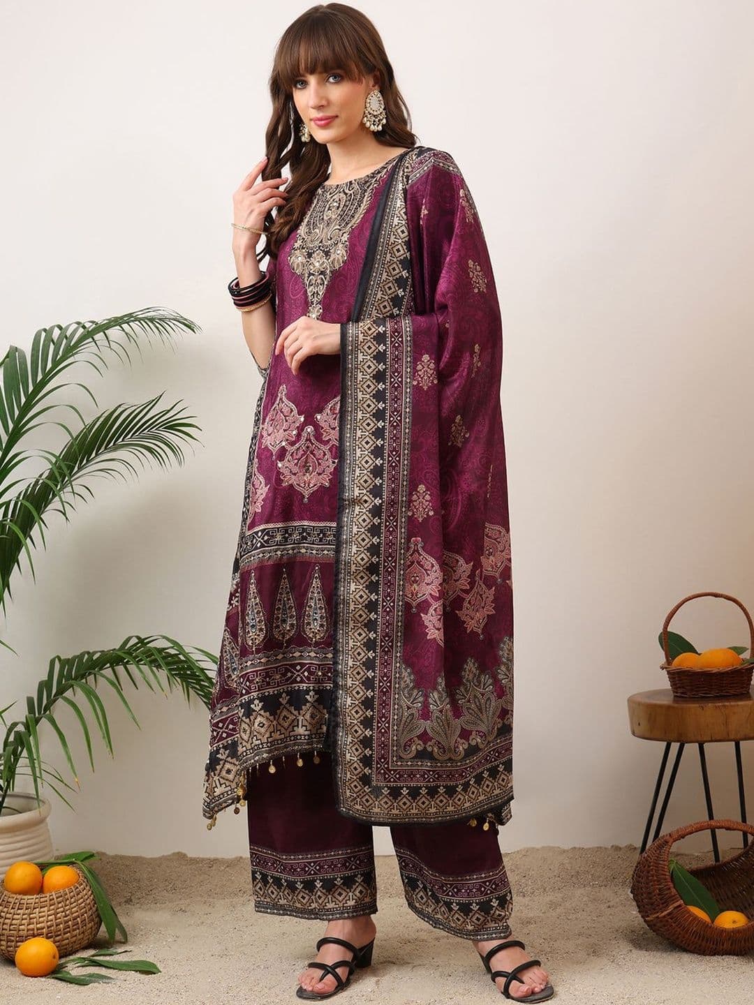 Berrylicious Women Ethnic Motifs Printed Regular Sequinned Kurta with Palazzos & With Dupatta - view 1