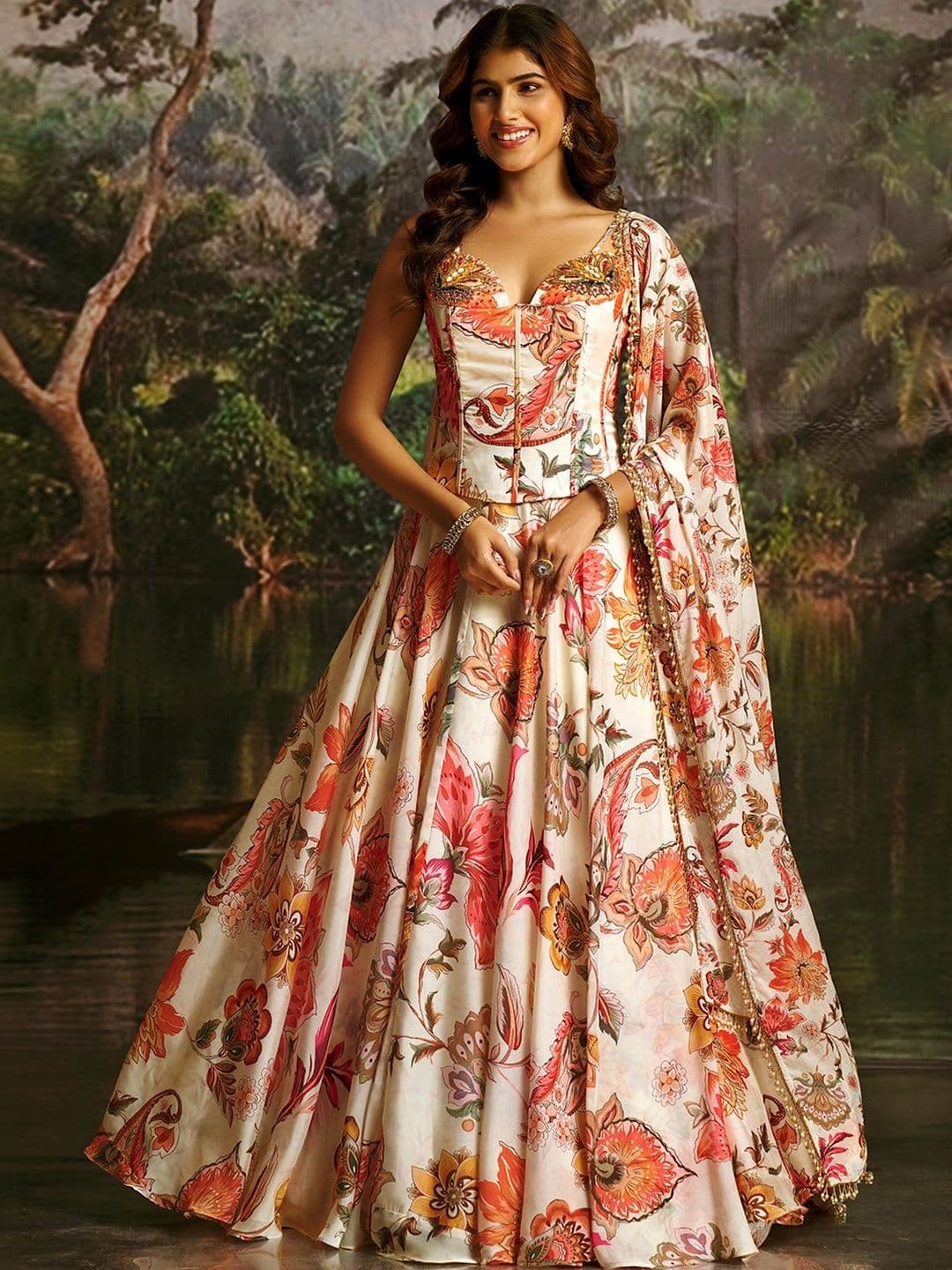 Fusionic Printed Thread Work Semi-Stitched Lehenga & Blouse With Dupatta - view 1