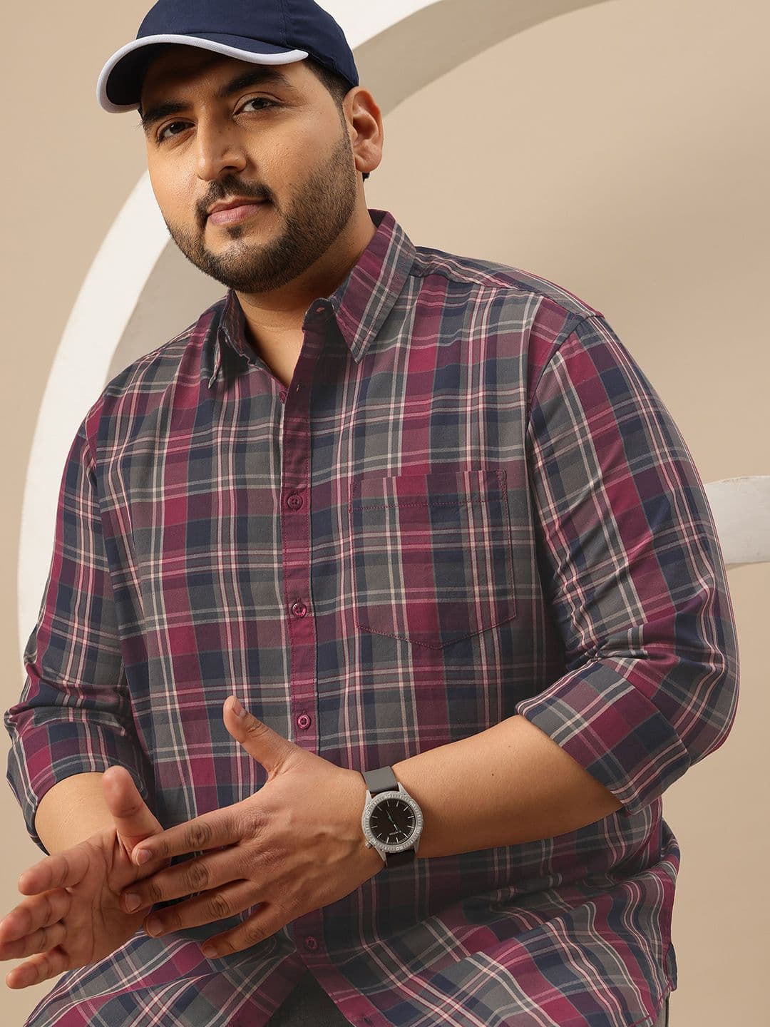 Sztori Plus Size Other Checks Spread Collar Pure Cotton Casual Shirt - view 1