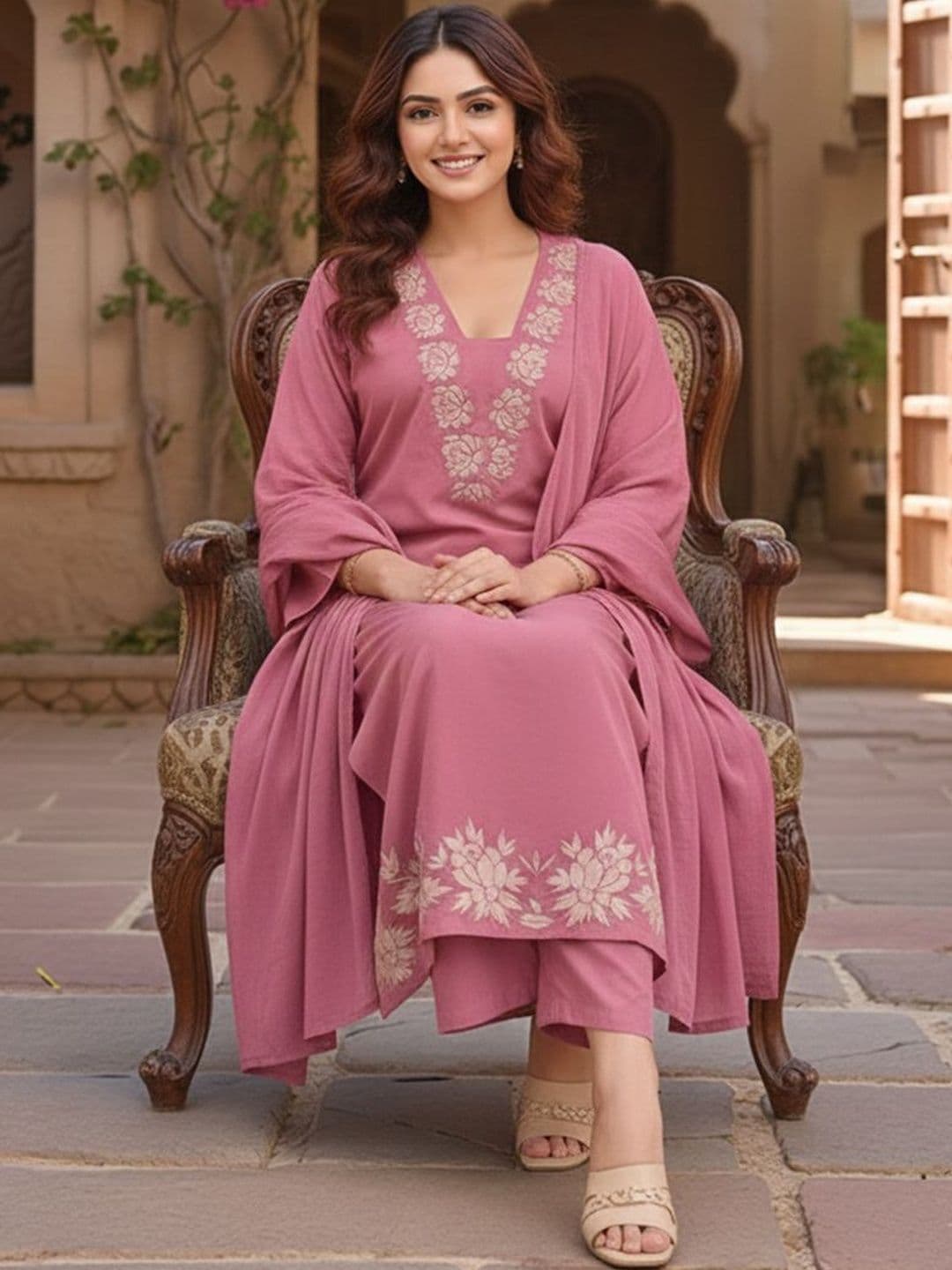Moda Rapido Women Ethnic Motifs Embroidered Regular Thread Work Kurta with Trousers & With Dupatta - view 1