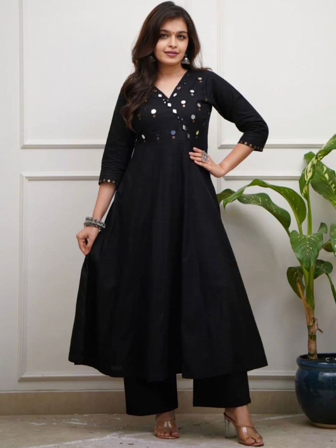ROOTSOUL Women Embroidered Empire Mirror Work Kurta with Palazzos - view 1