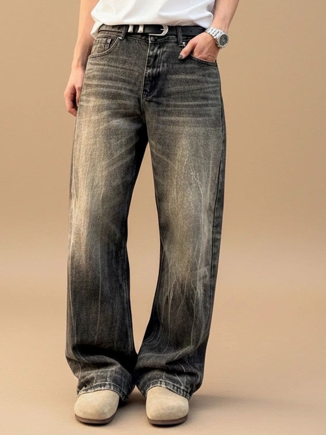 ANDREW HILL Men Wide Leg Mid-Rise Medium Shade Jeans
