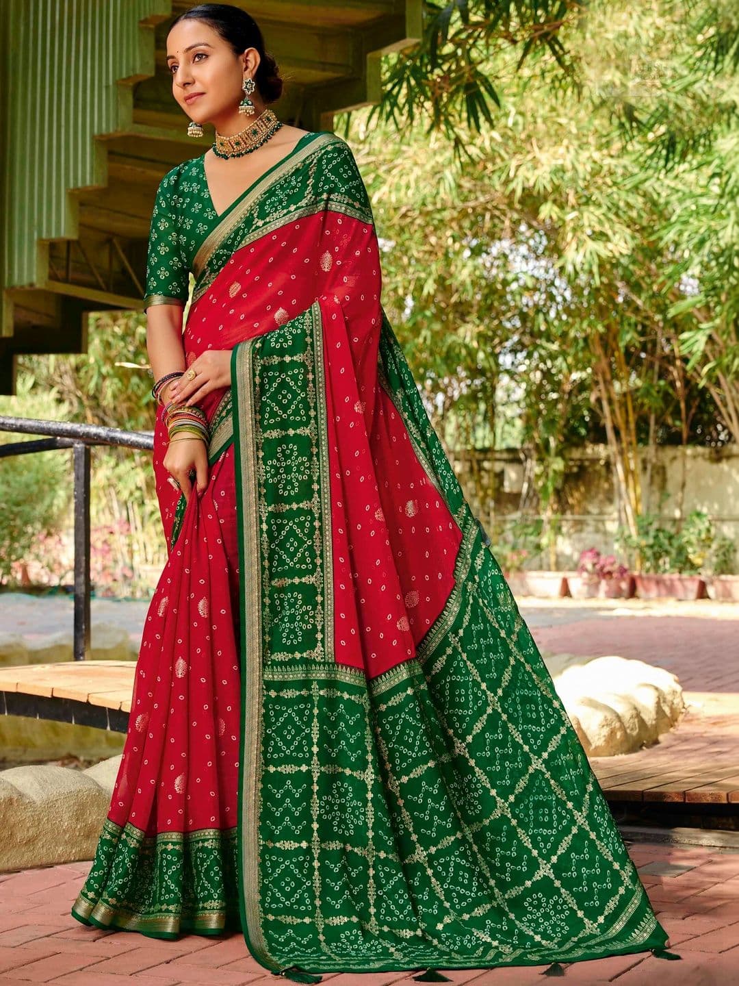 Dhaaga Ghar Bandhani Zari Poly Georgette Bandhani Saree - view 1