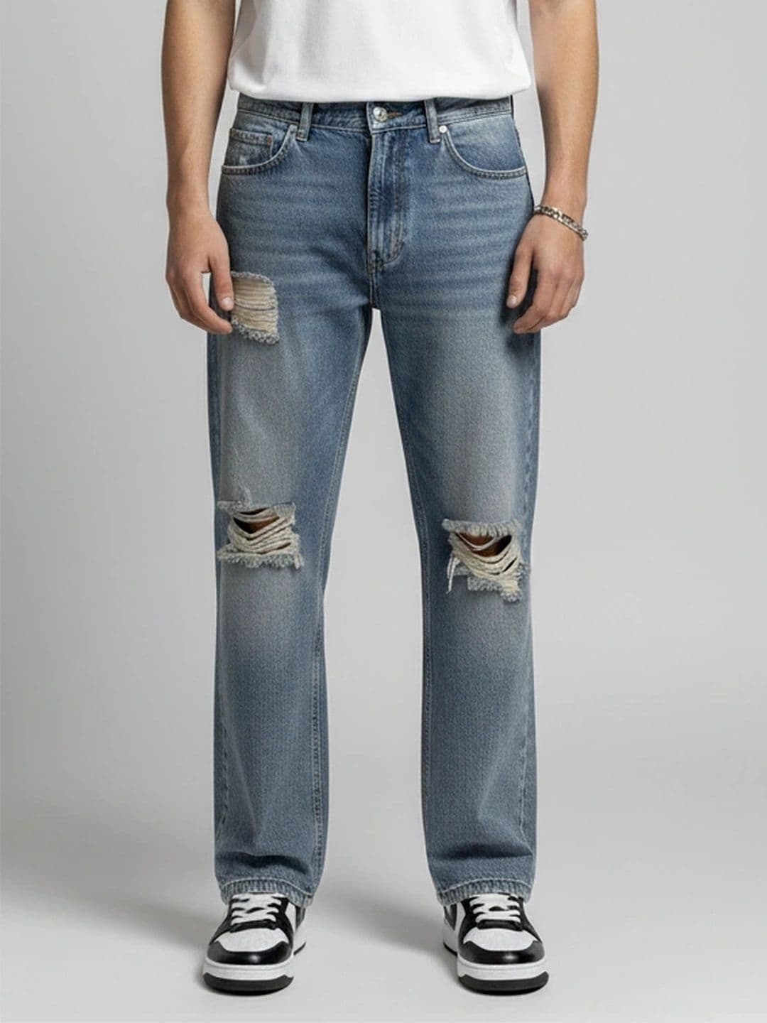 ANDREW HILL Men Wide Leg Mid-Rise Distressed Light Jeans