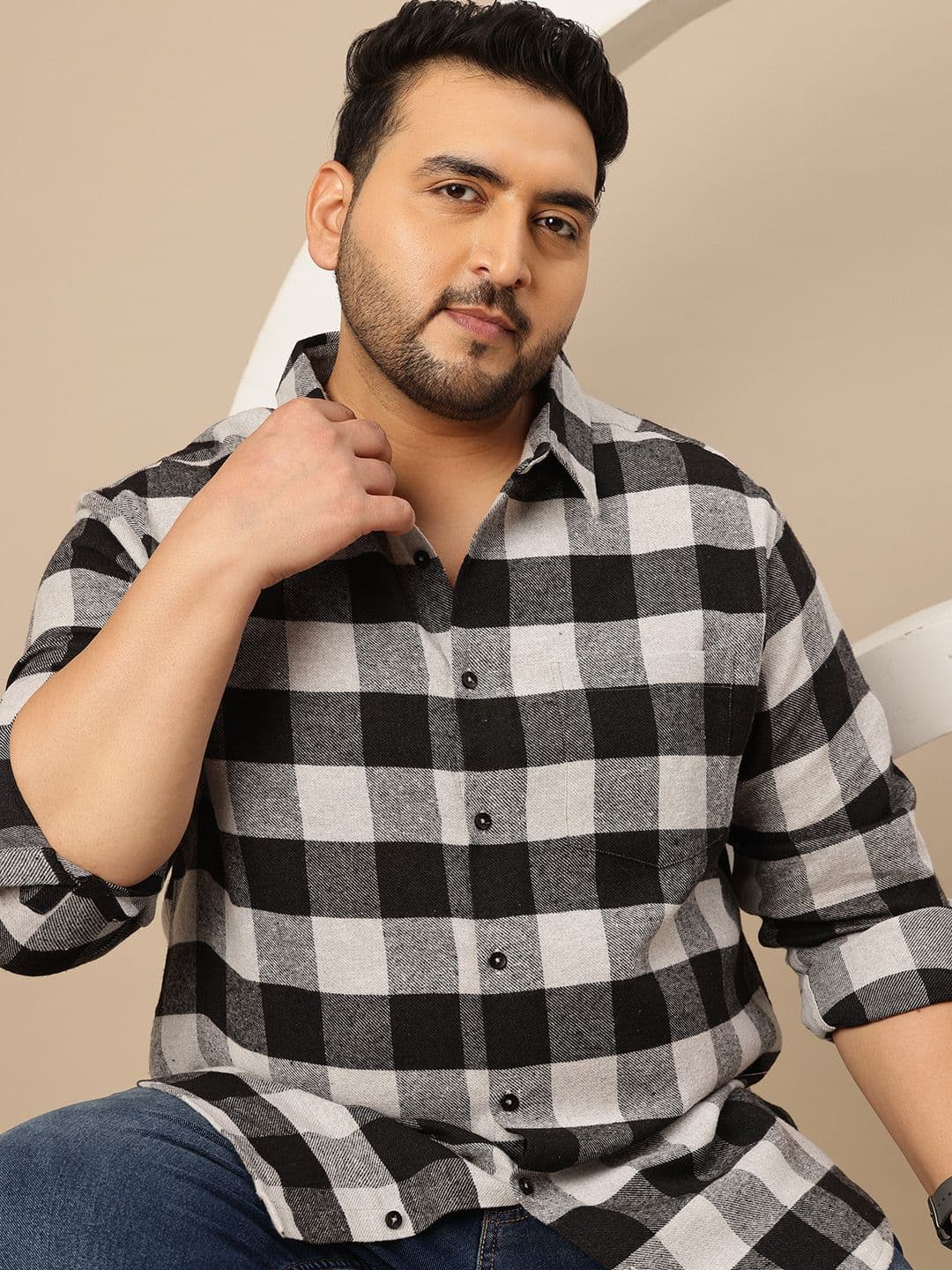 Sztori Plus Size Twill Weave Buffalo Checks Spread Collar Casual Shirt - view 1