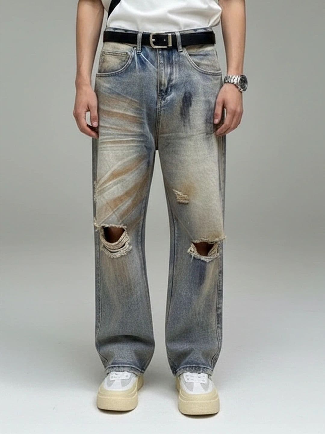 ANDREW HILL Men Baggy Fit Mid-Rise Distressed Heavy Fade Jeans - view 1