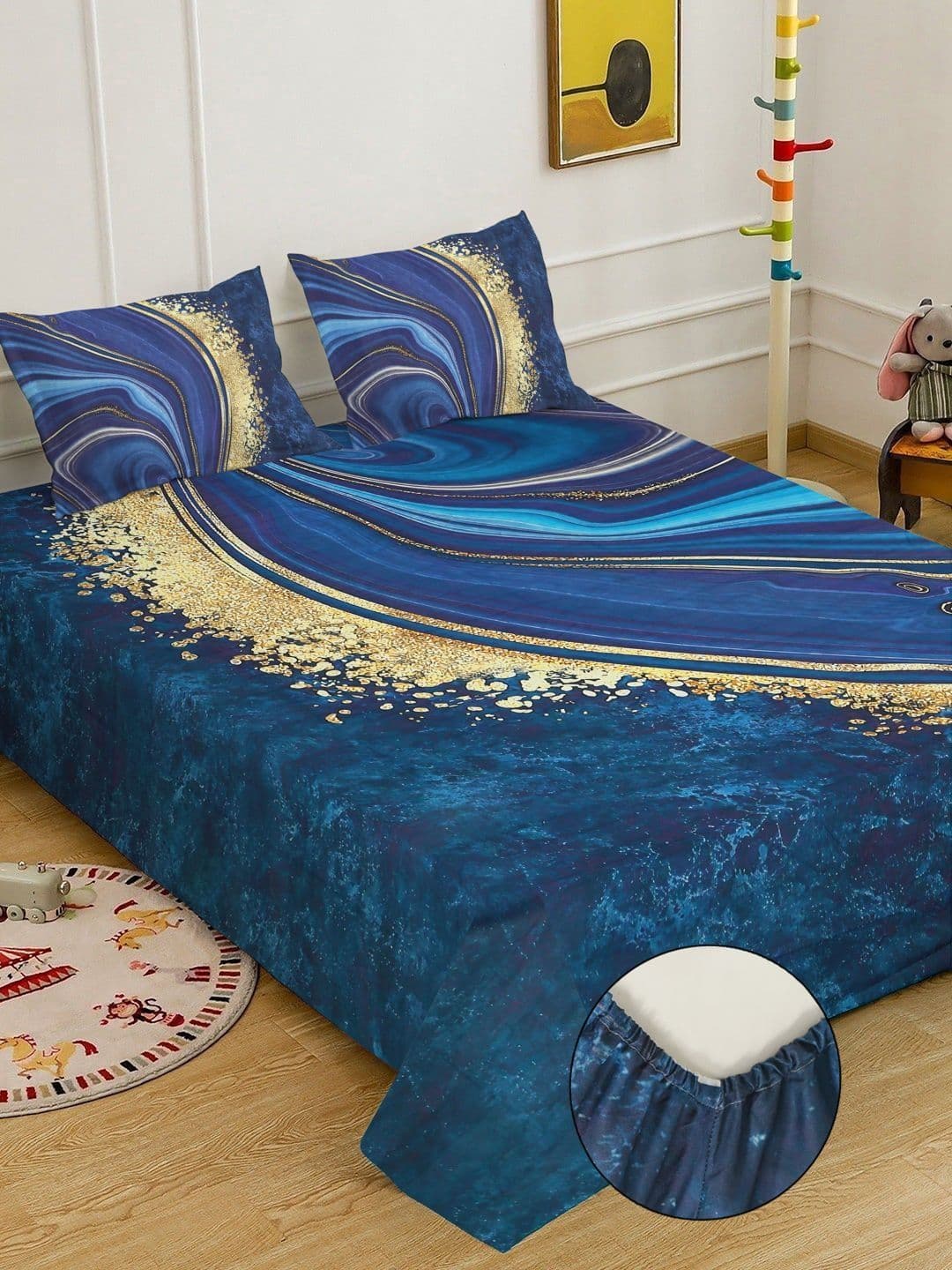 KLOTTHE Blue Abstract Printed Fitted 7D 400 TC Double King Bedsheet With 2 Pillow Cover - view 1